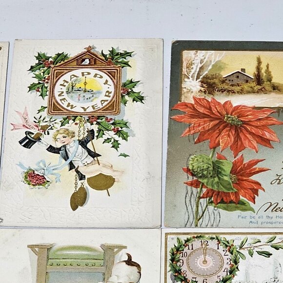 Antique Christmas New Years Postcard Lot/14 ephemera 1910s Embossed bells floral - Picture 4 of 11